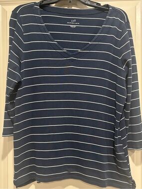 J. Jill Navy Stripe V-Neck Womens Top With 3/4 Sleeves, Size Large